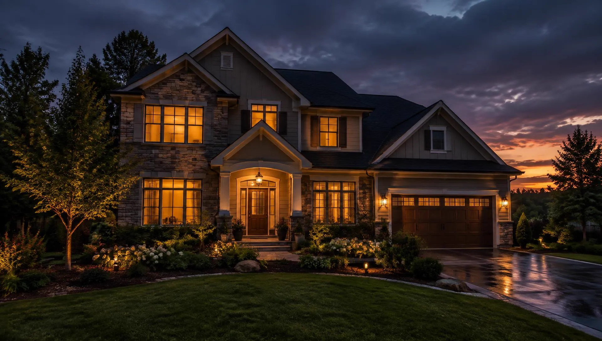 Two-story home at dusk with warmly lit windows