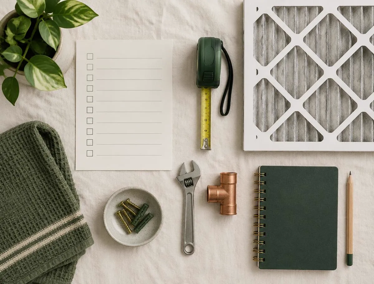 Maintenance supplies and a checklist laid out on linen