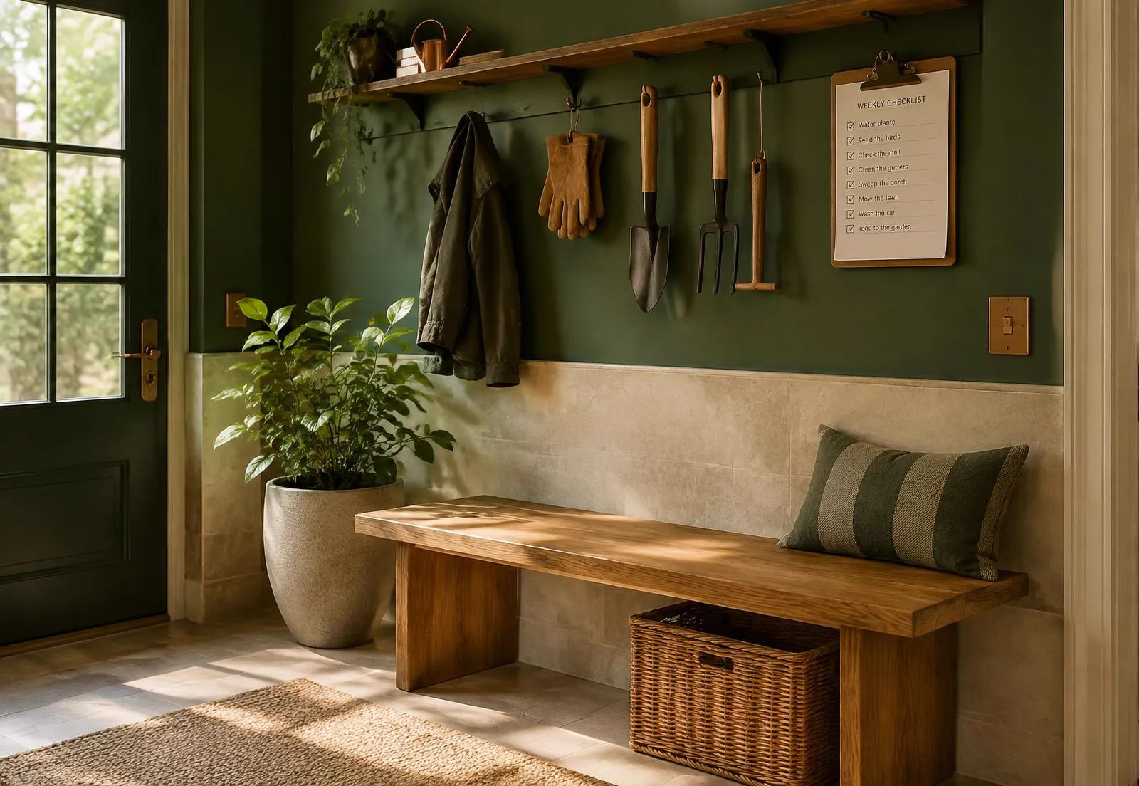 Entryway with garden tools and a weekly checklist on the wall