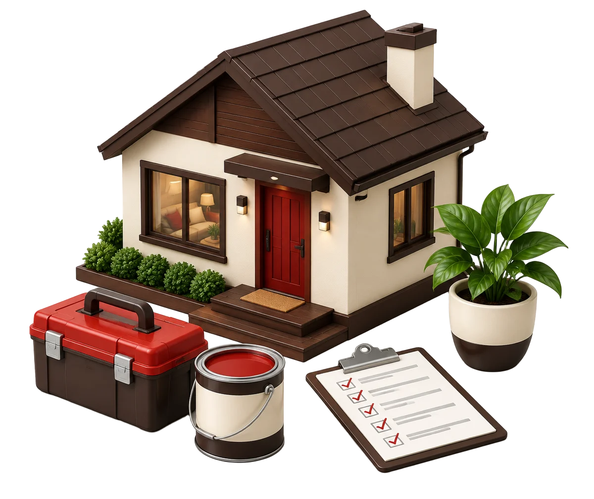 Miniature home with a toolbox, paint can, checklist, and plant