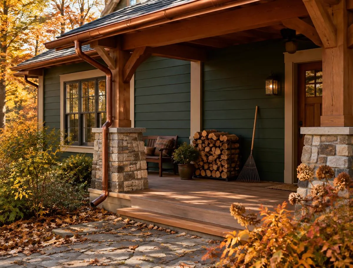 Autumn porch with copper gutters and stacked firewood