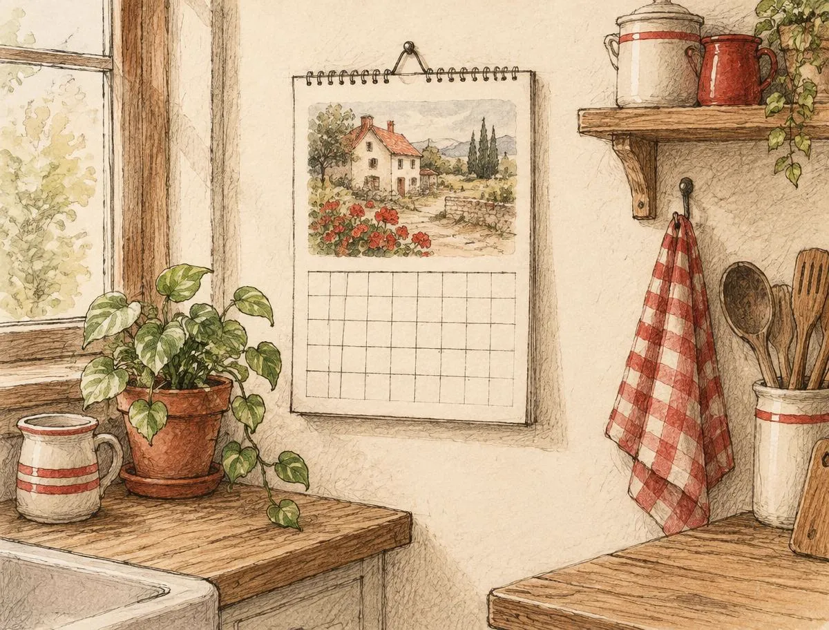 Sketch of a wall calendar in a cozy kitchen