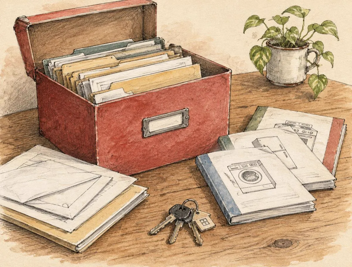 Sketch of a red file box with home manuals and keys