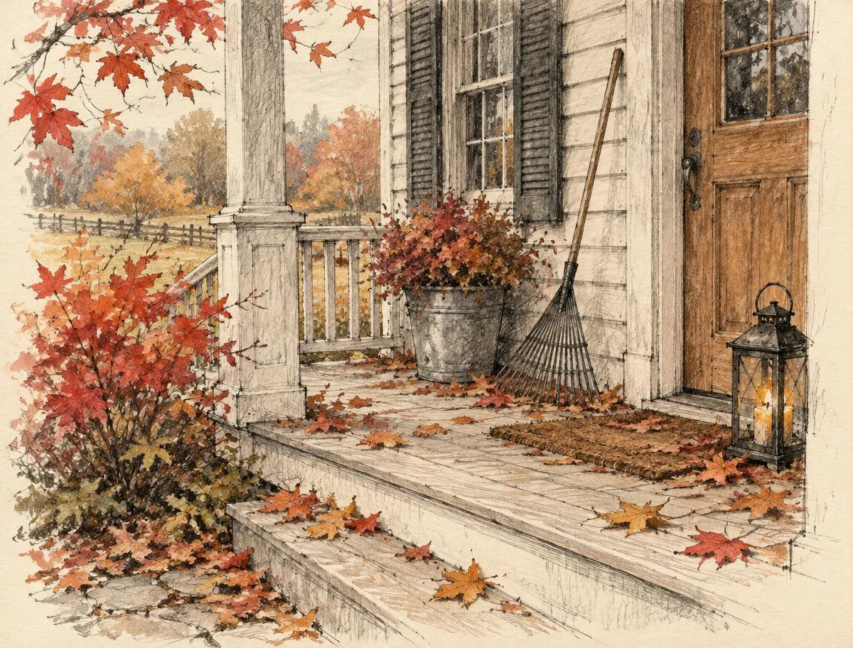 Sketch of an autumn porch with a rake and lantern